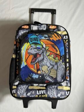 Kids black basketball dinosaur rolling 18” suitcase with extendable handle